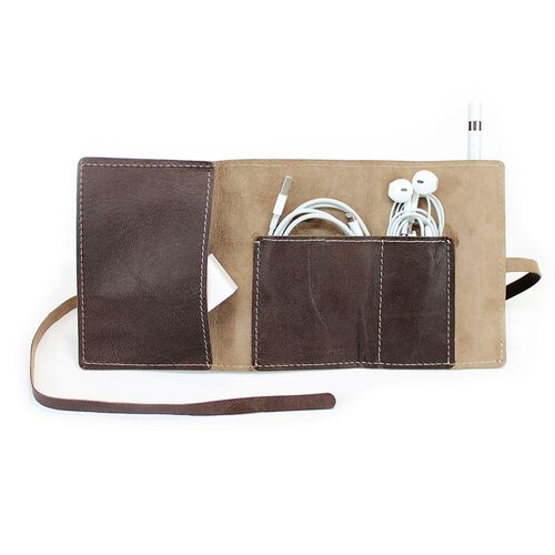 Leather Wrap Accessory Case stores charging cables and headphones