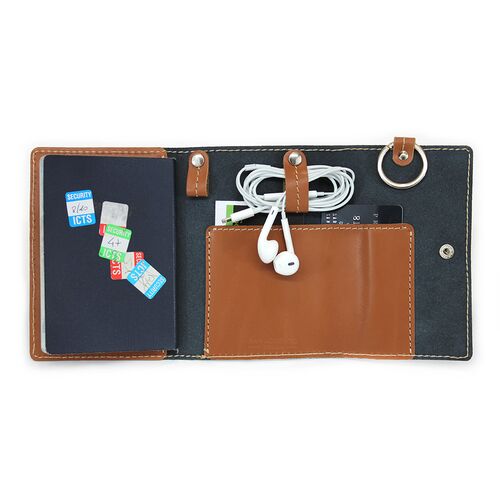 Leather Snap Accessory Case stores passport and headphones