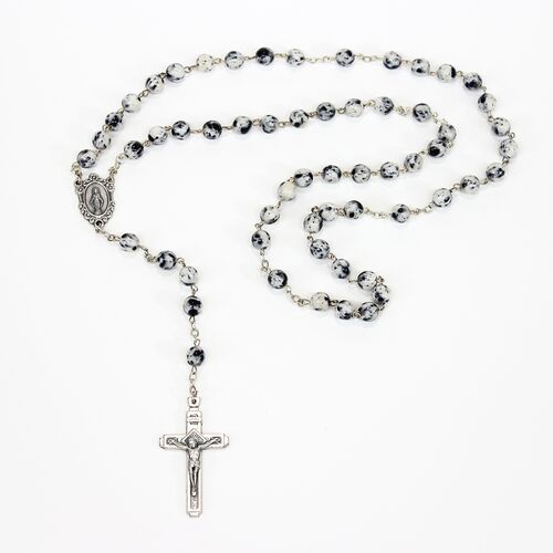 Marbleized Glass Rosary with Black & White spotted beads